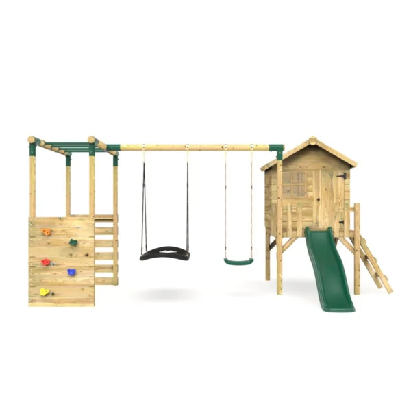 Rebo Orchard 4FT Wooden Playhouse, Swings, Monkey Bars, Deck & 6FT Slide – Sage Green - Image 4