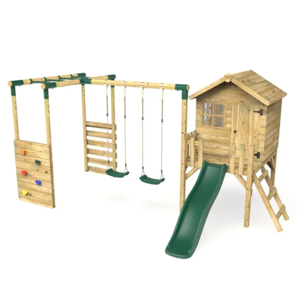 Rebo Orchard 4FT Wooden Playhouse, Swings, Monkey Bars, Deck & 6FT Slide – Venus Green