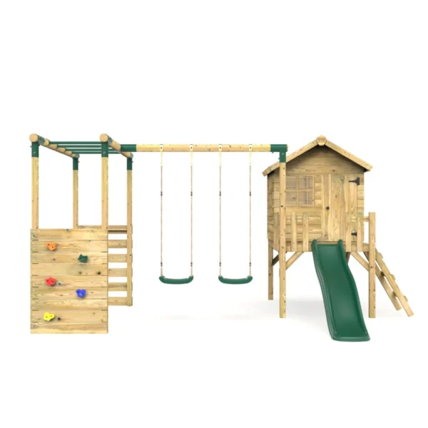 Rebo Orchard 4FT Wooden Playhouse, Swings, Monkey Bars, Deck & 6FT Slide – Venus Green - Image 4