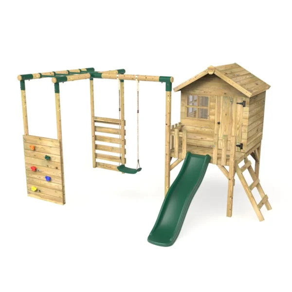 Rebo Orchard 4FT Wooden Playhouse, Swings, Monkey Bars, Deck & 6FT Slide – Solar Green