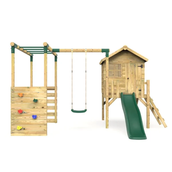 Rebo Orchard 4FT Wooden Playhouse, Swings, Monkey Bars, Deck & 6FT Slide – Solar Green - Image 4