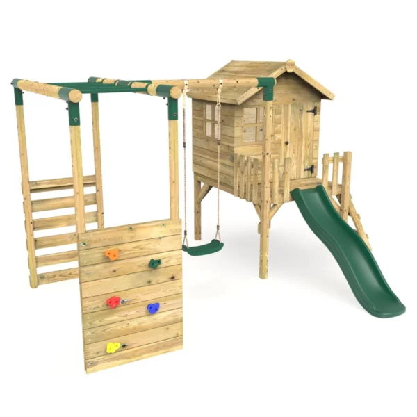 Rebo Orchard 4FT Wooden Playhouse, Swings, Monkey Bars, Deck & 6FT Slide – Solar Green - Image 2