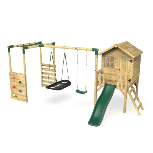 Rebo Orchard 4FT Wooden Playhouse, Swings, Monkey Bars, Deck & 6FT Slide – Sage Green