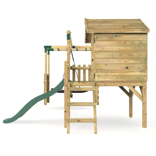 Rebo Orchard 4FT Wooden Playhouse, Swings, Monkey Bars, Deck & 6FT Slide – Sage Green - Image 3