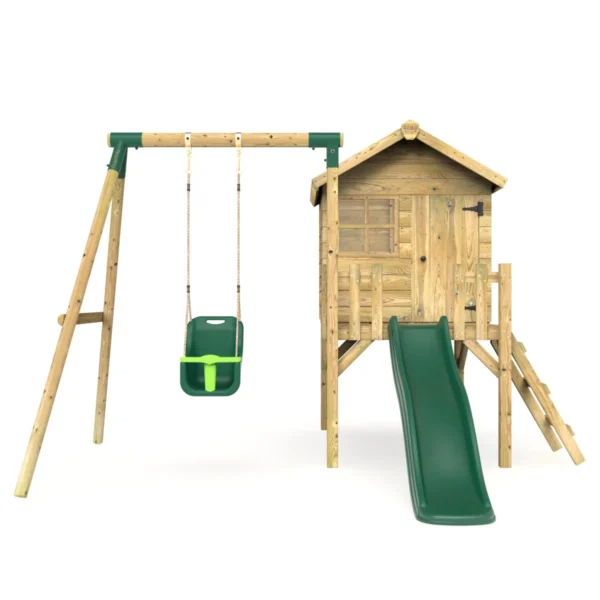 Rebo Orchard 4FT x 4FT Wooden Playhouse + Swings, 900mm Deck & 6FT Slide - Pluto Green - Image 4