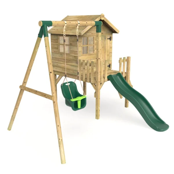 Rebo Orchard 4FT x 4FT Wooden Playhouse + Swings, 900mm Deck & 6FT Slide - Pluto Green - Image 3