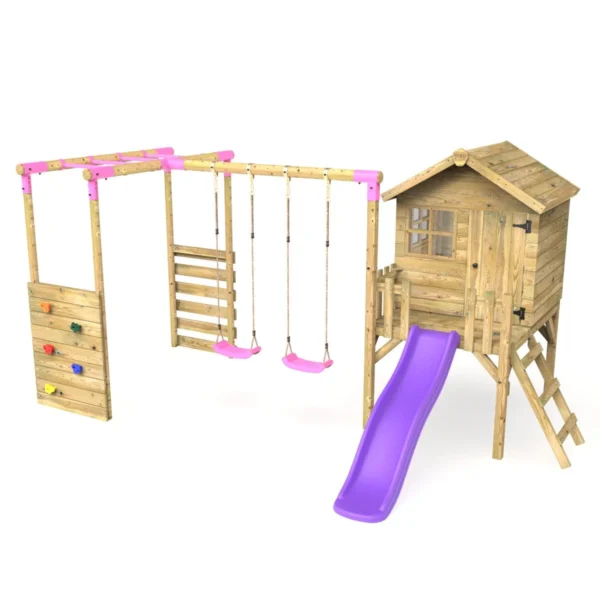 Rebo Orchard 4FT Wooden Playhouse, Swings, Monkey Bars, Deck & 6FT Slide – Venus Purple