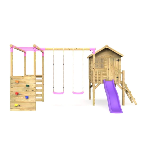 Rebo Orchard 4FT Wooden Playhouse, Swings, Monkey Bars, Deck & 6FT Slide – Venus Purple - Image 4