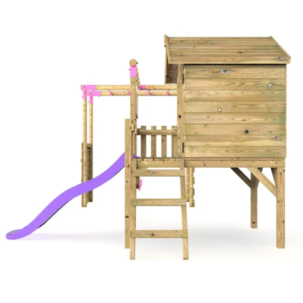 Rebo Orchard 4FT Wooden Playhouse, Swings, Monkey Bars, Deck & 6FT Slide – Venus Purple - Image 3