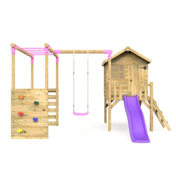 Rebo Orchard 4FT Wooden Playhouse, Swings, Monkey Bars, Deck & 6FT Slide – Solar Purple - Image 4