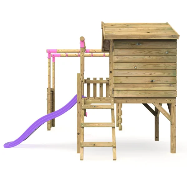 Rebo Orchard 4FT Wooden Playhouse, Swings, Monkey Bars, Deck & 6FT Slide – Solar Purple - Image 3