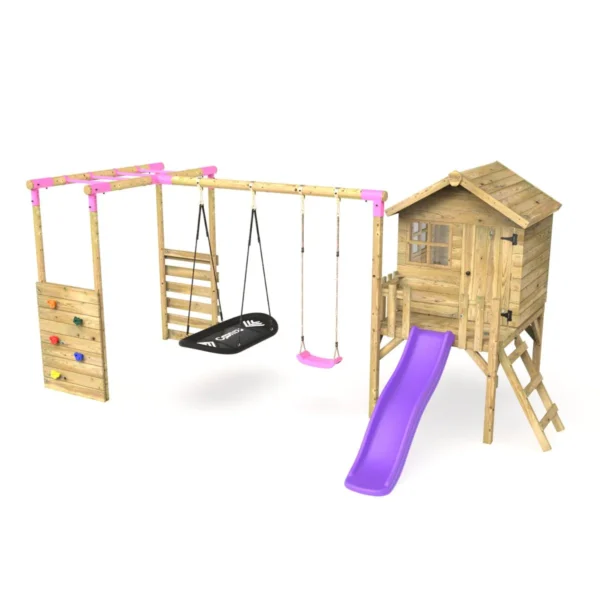 Rebo Orchard 4FT Wooden Playhouse, Swings, Monkey Bars, Deck & 6FT Slide – Sage Purple