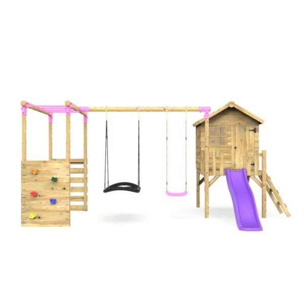 Rebo Orchard 4FT Wooden Playhouse, Swings, Monkey Bars, Deck & 6FT Slide – Sage Purple - Image 4