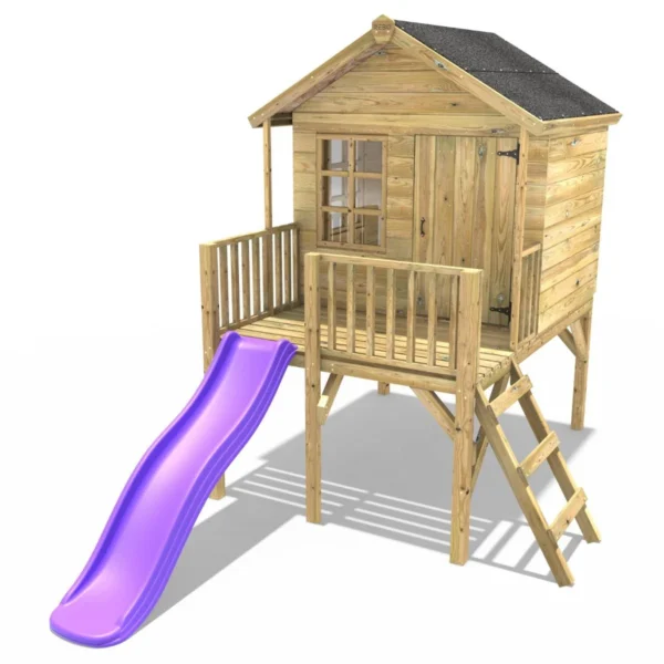 Rebo 5FT x 5FT Childrens Wooden Garden Playhouse on Deck with 6ft Slide - Pheasant Purple