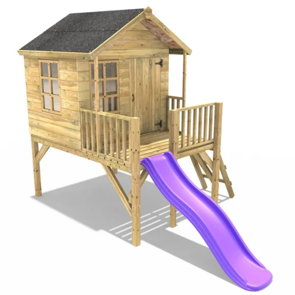 Rebo 5FT x 5FT Childrens Wooden Garden Playhouse on Deck with 6ft Slide - Pheasant Purple - Image 2