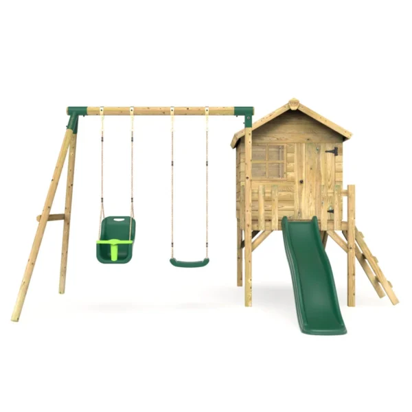 Rebo Orchard 4FT x 4FT Wooden Playhouse + Swings, 900mm Deck & 6FT Slide - Luna Green - Image 4