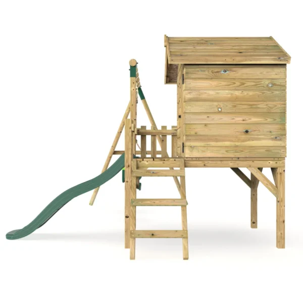 Rebo Orchard 4FT x 4FT Wooden Playhouse + Swings, 900mm Deck & 6FT Slide - Luna Green - Image 3