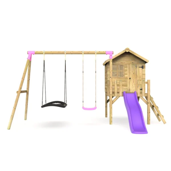 Rebo Orchard 4FT x 4FT Wooden Playhouse + Swings, 900mm Deck & 6FT Slide - Sage Purple - Image 4