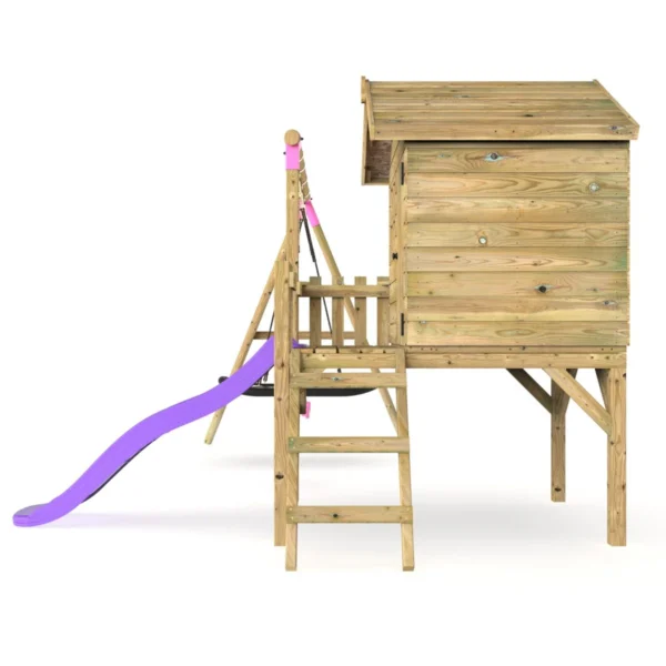 Rebo Orchard 4FT x 4FT Wooden Playhouse + Swings, 900mm Deck & 6FT Slide - Sage Purple - Image 3