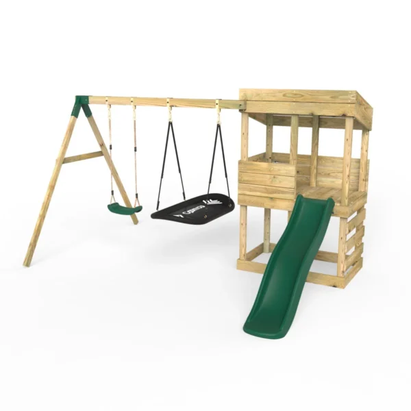 Rebo Wooden Lookout Tower Playhouse with 6ft Slide & Swing - Badlands