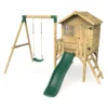 Rebo Orchard 4FT x 4FT Wooden Playhouse + Swings, 900mm Deck & 6FT Slide - Solar Green