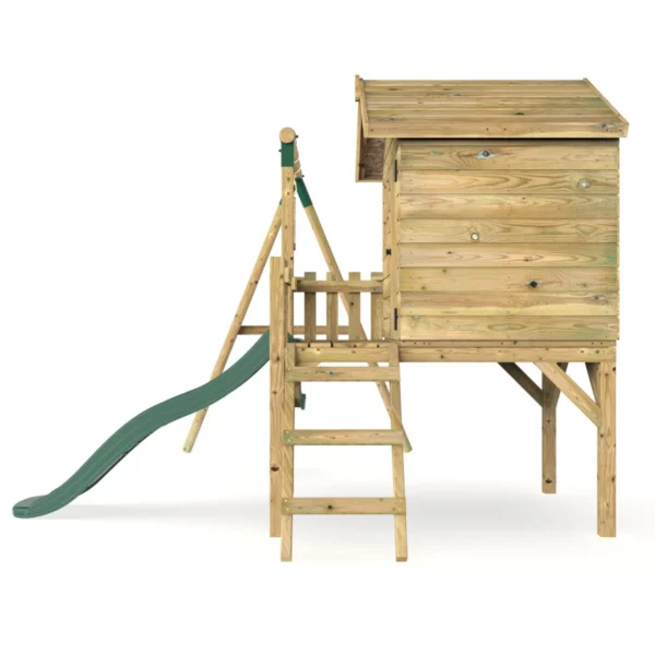 Rebo Orchard 4FT x 4FT Wooden Playhouse + Swings, 900mm Deck & 6FT Slide - Solar Green - Image 3