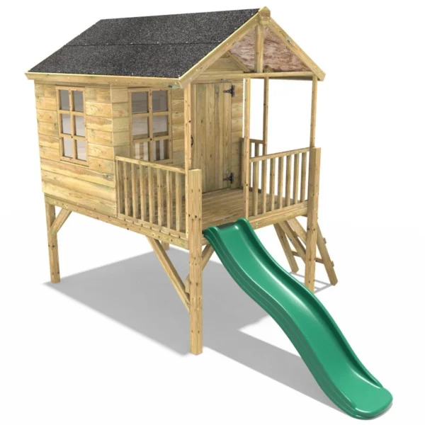 Rebo 5FT x 5FT Childrens Wooden Garden Playhouse on Deck with 6ft Slide - Partridge Green - Image 3