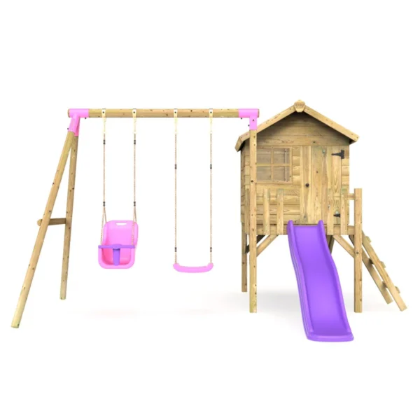 Rebo Orchard 4FT x 4FT Wooden Playhouse + Swings, 900mm Deck & 6FT Slide - Luna Purple - Image 4