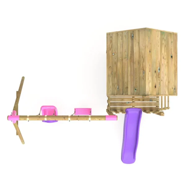 Rebo Orchard 4FT x 4FT Wooden Playhouse + Swings, 900mm Deck & 6FT Slide - Luna Purple - Image 2