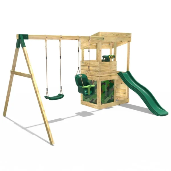 Rebo Wooden Lookout Tower Playhouse with 6ft Slide & Swing - Zion Camouflage - Image 2