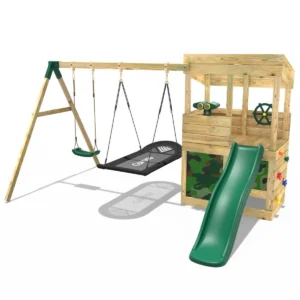 Rebo Wooden Lookout Tower Playhouse with 6ft Slide & Swing - Yosemite Camouflage