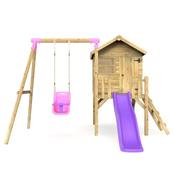 Rebo Orchard 4FT x 4FT Wooden Playhouse + Swings, 900mm Deck & 6FT Slide - Pluto Purple - Image 4