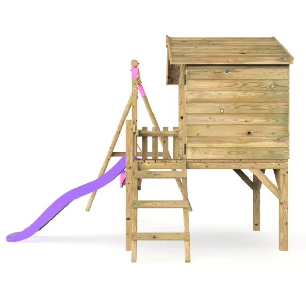 Rebo Orchard 4FT x 4FT Wooden Playhouse + Swings, 900mm Deck & 6FT Slide - Pluto Purple - Image 3