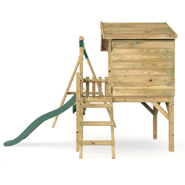 Rebo Orchard 4FT x 4FT Wooden Playhouse + Swings, 900mm Deck & 6FT Slide - Pluto Green - Image 2