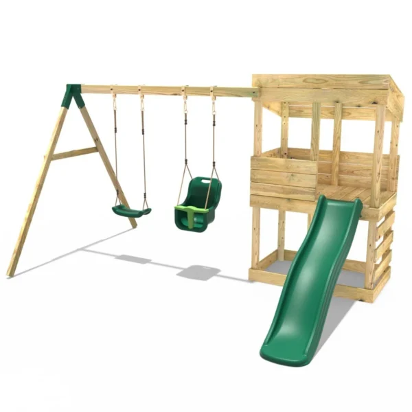 Rebo Wooden Lookout Tower Playhouse with 6ft Slide & Swing - Everglades