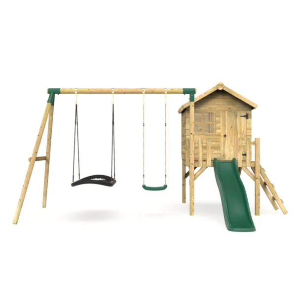 Rebo Orchard 4FT x 4FT Wooden Playhouse + Swings, 900mm Deck & 6FT Slide - Sage Green - Image 4