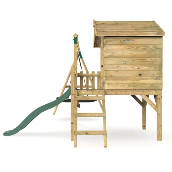 Rebo Orchard 4FT x 4FT Wooden Playhouse + Swings, 900mm Deck & 6FT Slide - Sage Green - Image 3