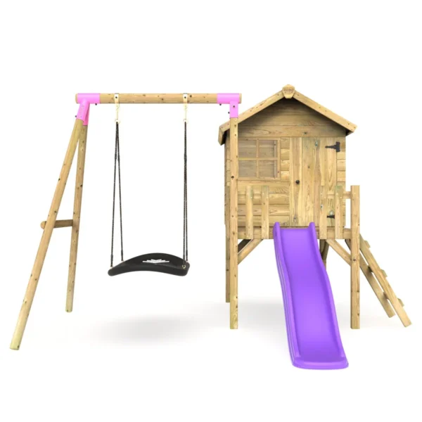 Rebo Orchard 4FT x 4FT Wooden Playhouse + Swings, 900mm Deck & 6FT Slide - Boat Purple - Image 4