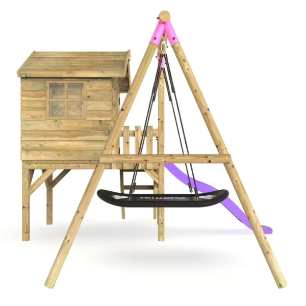 Rebo Orchard 4FT x 4FT Wooden Playhouse + Swings, 900mm Deck & 6FT Slide - Boat Purple - Image 3