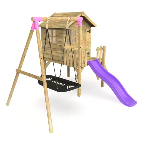 Rebo Orchard 4FT x 4FT Wooden Playhouse + Swings, 900mm Deck & 6FT Slide - Boat Purple - Image 2