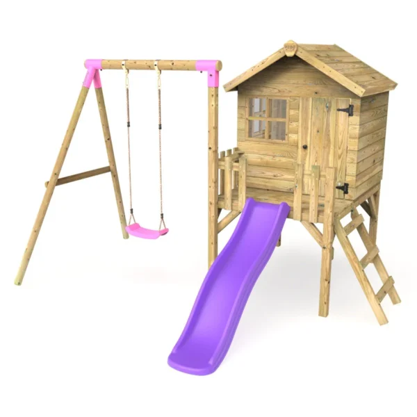 Rebo Orchard 4FT x 4FT Wooden Playhouse + Swings, 900mm Deck & 6FT Slide - Solar Purple