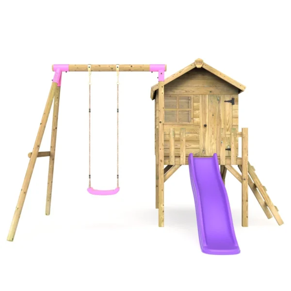 Rebo Orchard 4FT x 4FT Wooden Playhouse + Swings, 900mm Deck & 6FT Slide - Solar Purple - Image 4