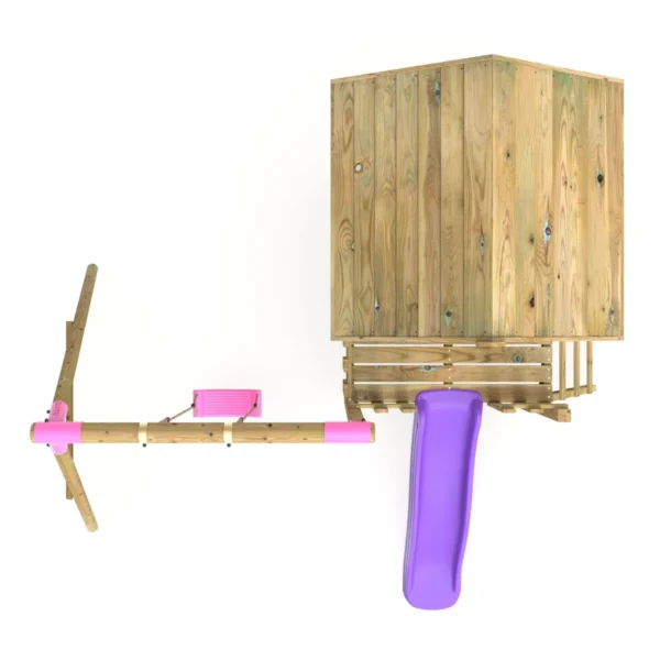 Rebo Orchard 4FT x 4FT Wooden Playhouse + Swings, 900mm Deck & 6FT Slide - Solar Purple - Image 2