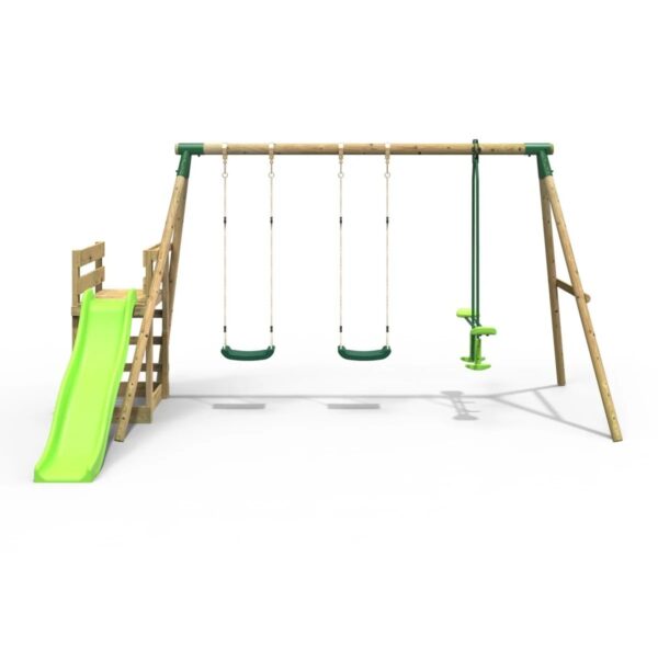 Rebo Wooden Swing Set plus Deck & Slide - Neptune Green - Image 3