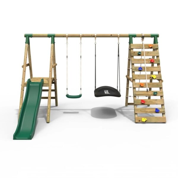 Rebo Wooden Swing Set with Deck and Slide plus Up and Over Climbing Wall - Quartz Green - Image 3