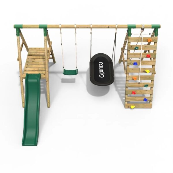 Rebo Wooden Swing Set with Deck and Slide plus Up and Over Climbing Wall - Quartz Green - Image 2