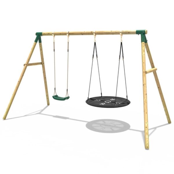 Rebo Wooden Garden Double Swing Set Round + Standard Seat - Meteorite Green