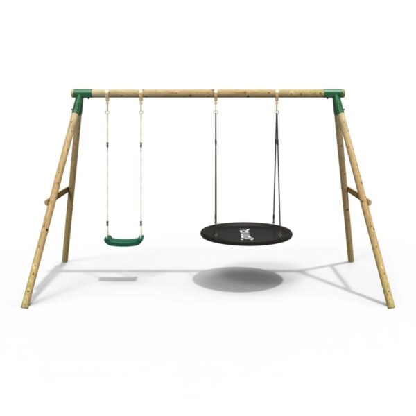 Rebo Wooden Garden Double Swing Set Round + Standard Seat - Meteorite Green - Image 4