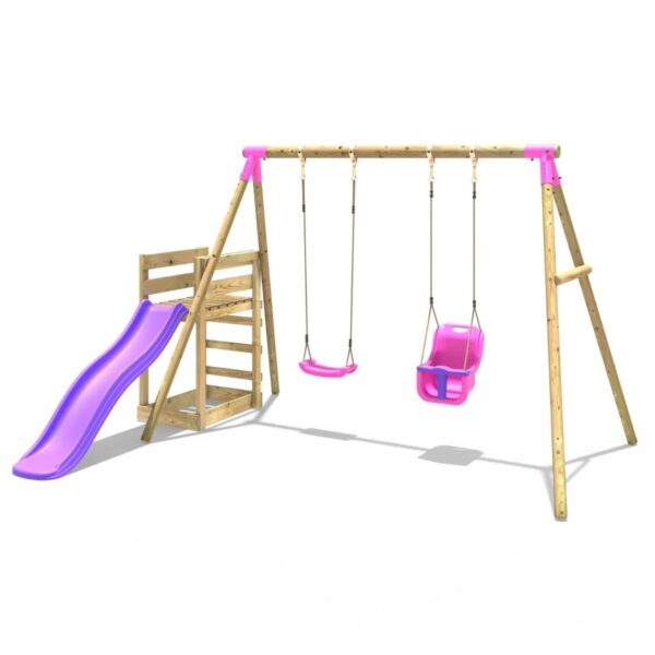 Rebo Wooden Swing Set plus Deck & Slide - Luna Pink