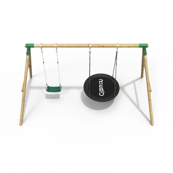 Rebo Wooden Garden Double Swing Set Round + Standard Seat - Meteorite Green - Image 2